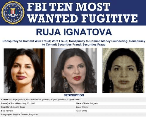 The Cryptoqueen: Ruja Ignatova 3 The Federal Bureau of Investigation added Ruja Ignatova to its Ten Most Wanted Fugitives list. Source- FBI