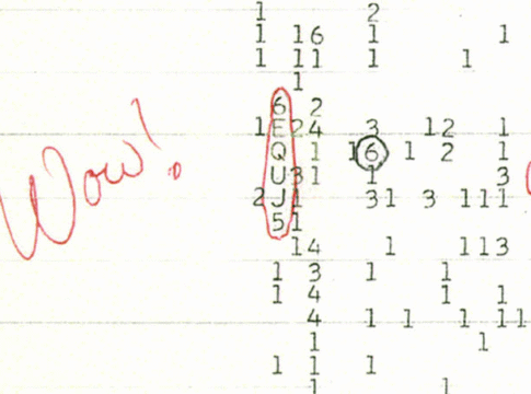The Wow! signal represented as "6EQUJ5" on the computer printout, with Ehman's handwritten exclamation, Source: Wikipedia
