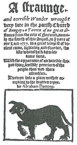 Title page of Rev. Abraham Flemings account of the appearance of the ghostly black dog "Black Shuck"