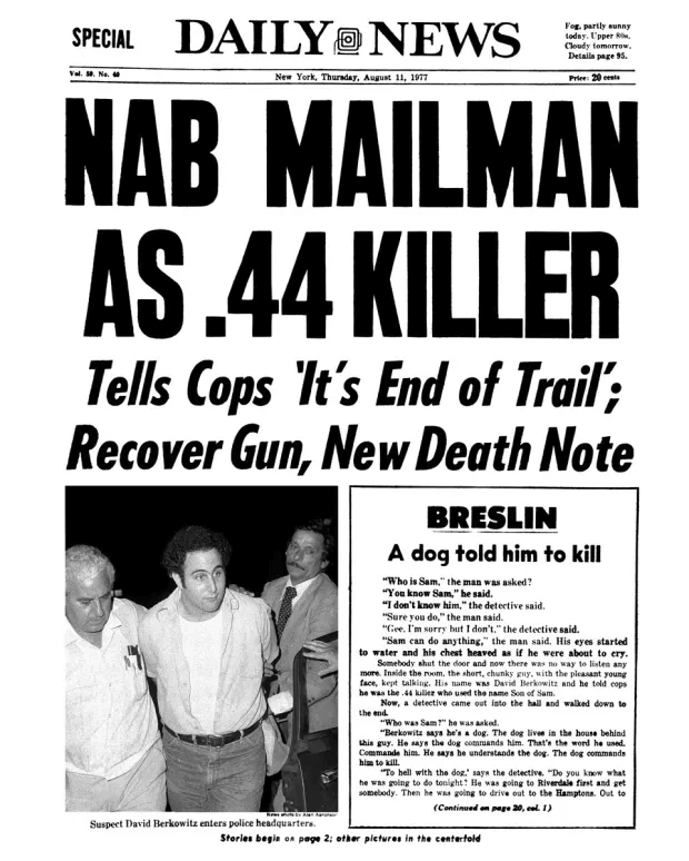 Daily News Front page dated August 11, 1977, Source: New York Daily News